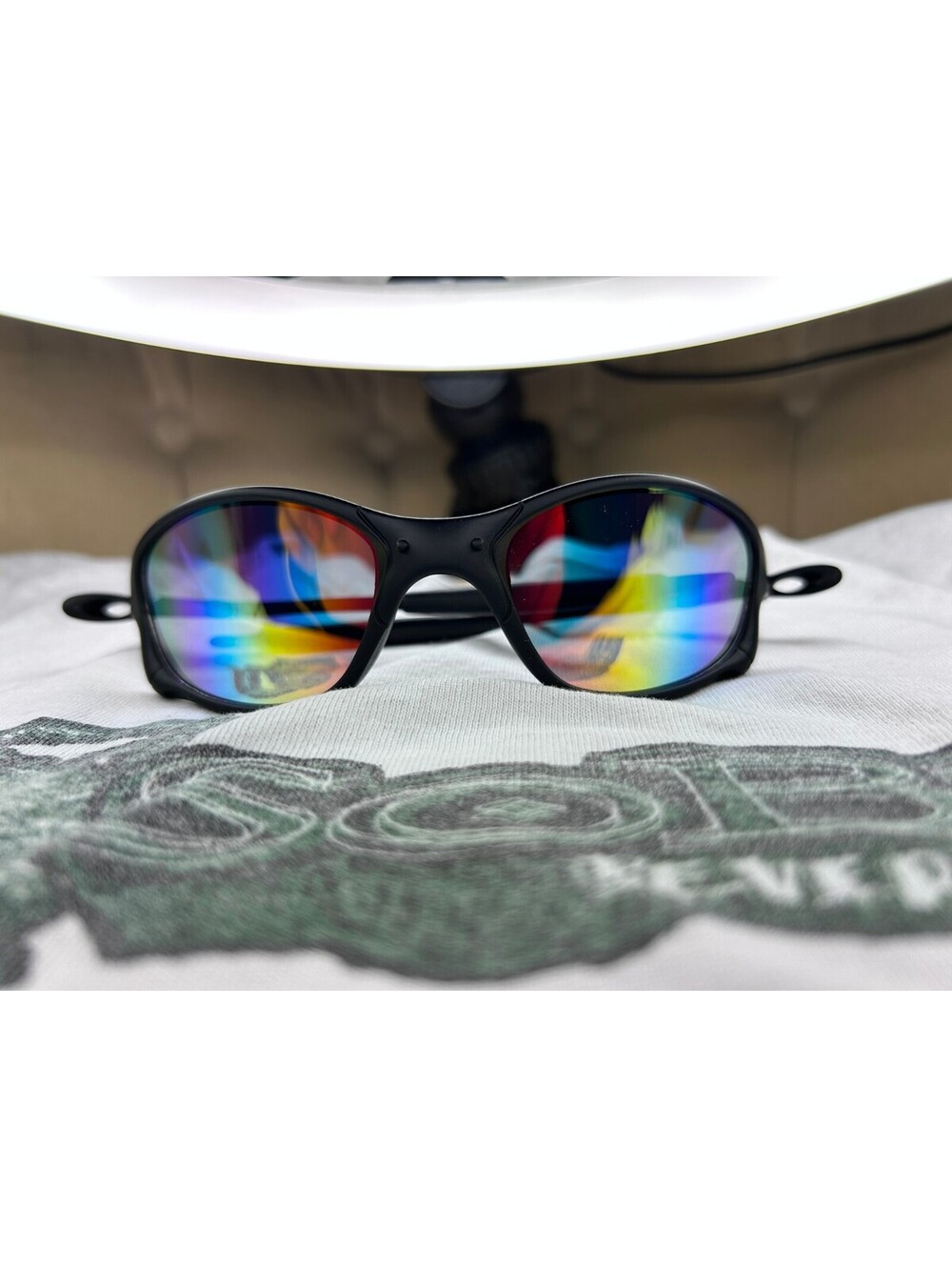 Black Sport Wraparound Sunglasses with Mirrored Rainbow Lens